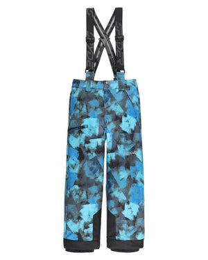 Blue and black camouflage pants with suspenders on a white background