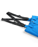 Blue jacket with black straps on a white background