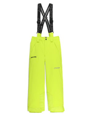 Yellow ski pants with black suspenders on a white background