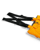 Close-up of a yellow raincoat with black suspenders on a white background
