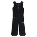 Black expedition pants for kids with adjustable Velcro shoulder attachments and an elasticized waist.