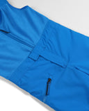Close-up of blue pants with a pocket and zipper on a light gray background