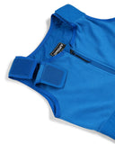 Blue protective vest with a brand logo on a white background