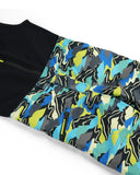 Colorful camouflage-patterned fabric with black zipper on a white background