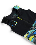 Black sleeveless shirt with colorful geometric pattern on a white background