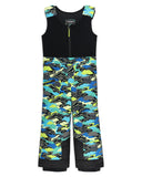 Black sleeveless top and pants with colorful camouflage pattern on a white background