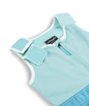 Light blue protective vest with white trim on a white background