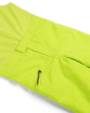 Close-up of bright green pants with a pocket and zipper on a white background