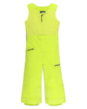 Bright yellow snow pants with a brand logo on a white background