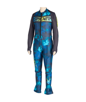 Blue and black ski suit with Spyder branding on a white background