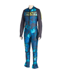 Blue and black ski suit with Spyder branding on a white background