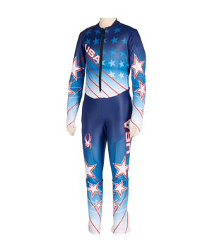 Blue athletic suit with red and white star patterns on a white background
