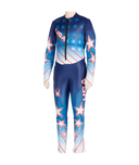 Blue athletic suit with red and white star patterns on a white background