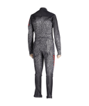 Gray and black race suit with red accents on a white background