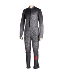 Black and gray spider-web patterned suit on a mannequin against a white background