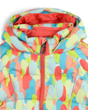 Colorful children's jacket with a patterned design on a white background