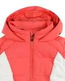 Red and white puffer jacket with a hood on a white background