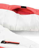 Close-up of a white and red jacket with a zipper detail.