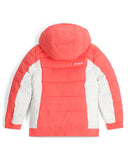 Red and white puffer jacket with a hood on a white background