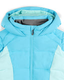 Light blue hooded jacket with a zipper on a white background