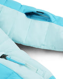 Close-up of a light blue and white jacket with zippers on a white background