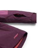 Close-up of a purple jacket with 'Spyder' logo on a white background