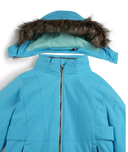 Blue jacket with fur-lined hood on a white background