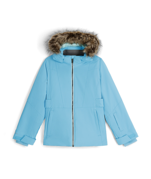 Blue winter jacket with fur hood on a white background