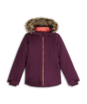 Purple winter jacket with fur-lined hood on a white background