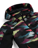 Colorful patterned jacket with a black hood on a white background