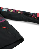 Black jacket with colorful patterned lining on a white background