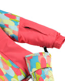 Colorful ski pants with a pink base and multicolored pattern on a white background