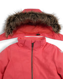 Red jacket with fur-lined hood on a white background