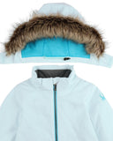 Light blue winter jacket with a fur-lined hood on a white background