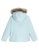 Light blue jacket with fur hood on a white background