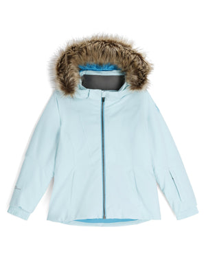 Light blue winter jacket with fur hood on a white background