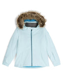 Light blue winter jacket with fur hood on a white background