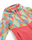 Colorful patterned jacket with a pink base on a white background