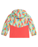 Colorful hooded jacket with abstract pattern on a white background