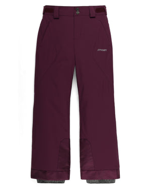 Maroon ski pants with a brand logo on a white background
