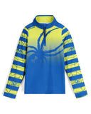 Blue and yellow long-sleeve shirt with a spider design on a white background