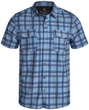 Blue plaid short-sleeve shirt on a white background