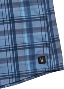 Blue plaid fabric with a brand logo on a white background
