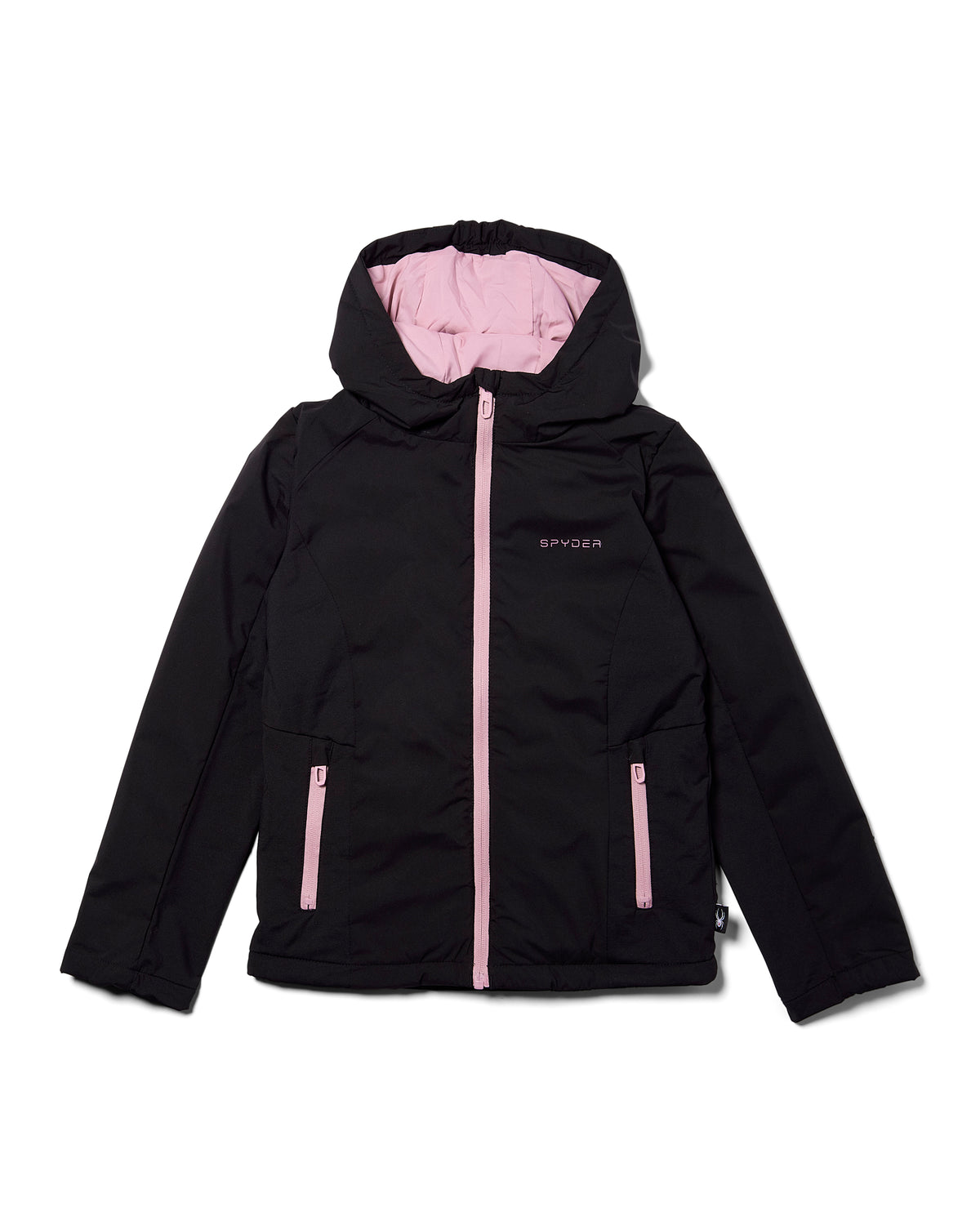 Black jacket with pink zippers and lining on a white background