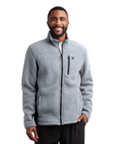 Man wearing a gray fleece jacket with a brand logo on a white background