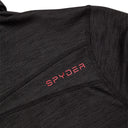 Black fabric with Spyder logo embroidered in red on a white background