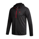 Black hoodie with red zipper and logo on a white background