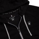 Black Spyder jacket with logo and text details on a white background