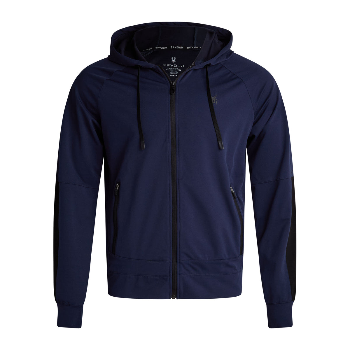 Navy blue hoodie with a brand logo on a white background