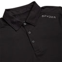 Black polo shirt with Spyder logo on a white background